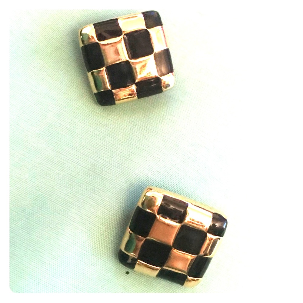 Vintage 80s Gold & Black Checkered ClipOn Earrings